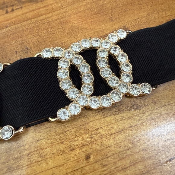 Unbranded Black Elastic Waist Belt Gold Rhinestone Double Circle Buckle Womens - Picture 4 of 7
